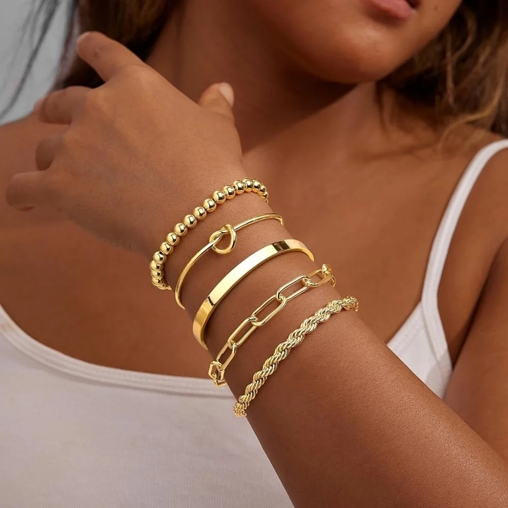 Stackable 14K Gold Plated Bracelet Set Non Tarnish